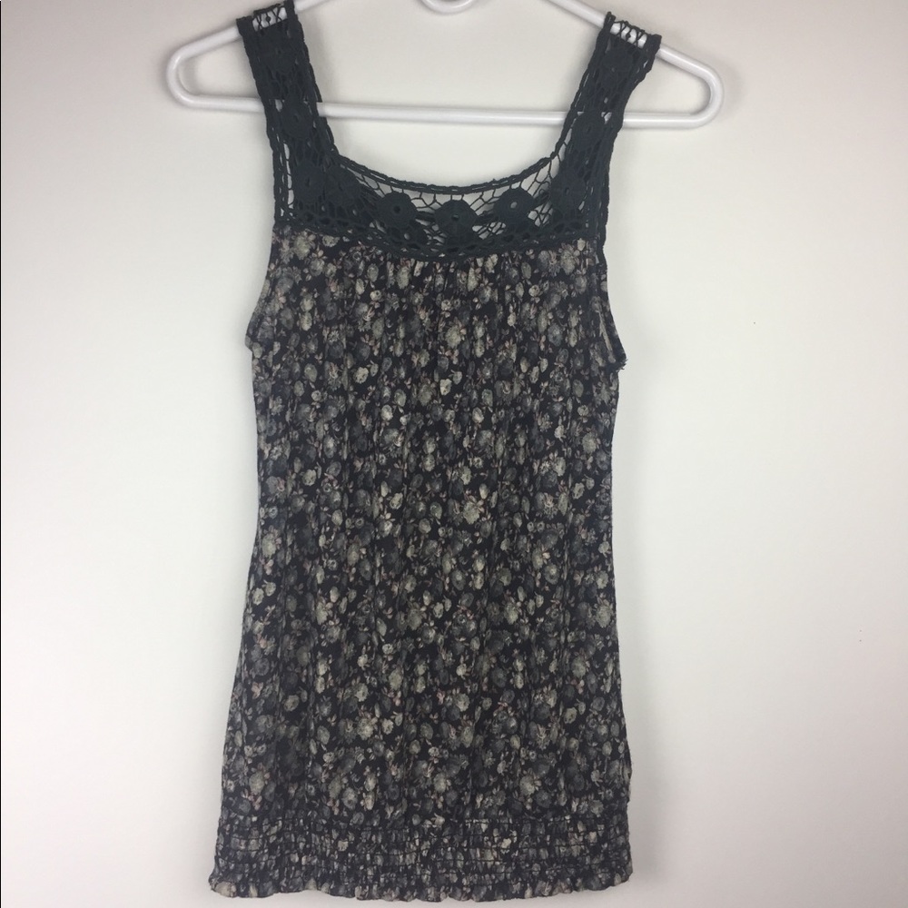 Love Scene dark charcoal lace rose print tank
